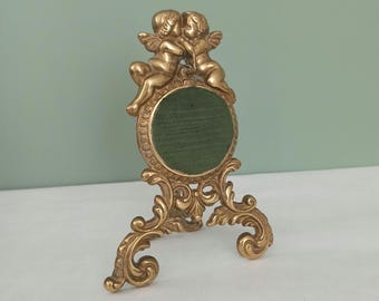 Vintage Brass Pocket Watch Holder, Ornate Heavy Brass Watch Holder with Two Cherubs, Office Decor