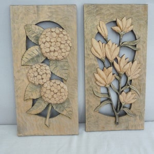 Wood Carving Wall Plaques, Vintage Wooden Wall Flower Plates, Modern Wall Decor