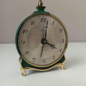 Travel Alarm EMES Clock,  60s Style Desk Clock, Green Mantel, Gold/Black Dial, Travel Pocket Clock, Germany