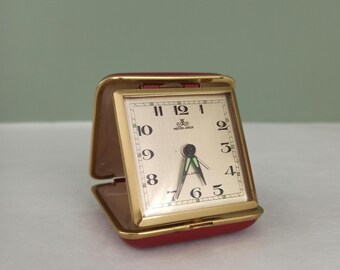 Travel Alarm "Meister Anker" Folding Clock, Stylish Desk Clock, Gold Dial, Red Leather Case, Travel Pocket Clock , Germany