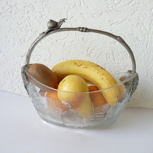Art Deco Large Embossed Glass Fruit Bowl with Pewter Grape Vine Handle and a Snail on the Top, Serving Bowl, Mid Century Servingware