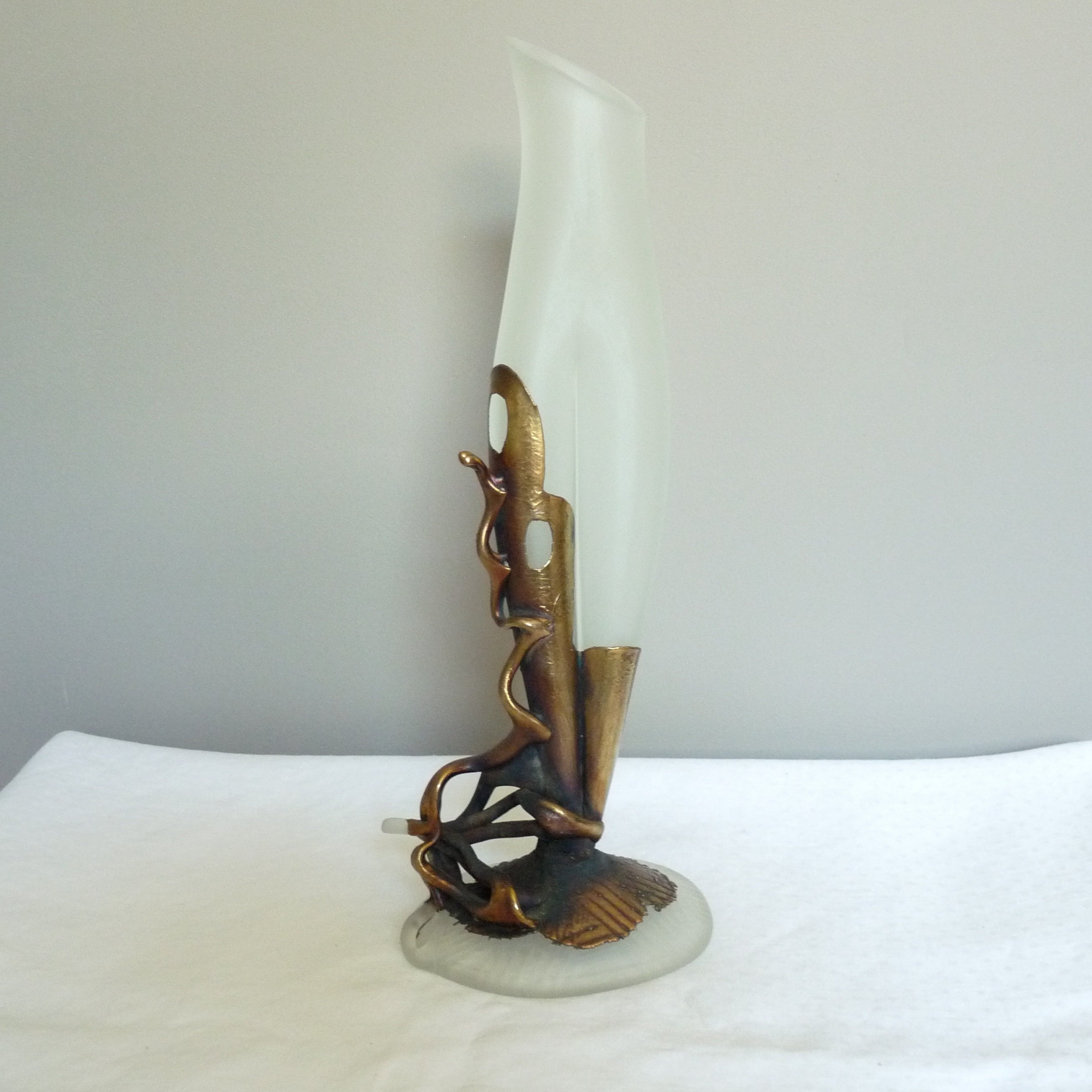 Filip Ravert, Romanian Frosted Art Glass Vase with Bronze Applied Decoration, Unique Glass Vase, Hand Made Vase