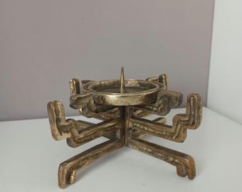 ブルータリスト風真鍮製ミッドセンチュリーキャンドルホルダー、真鍮製ピラーキャンドルホルダー、1960年代ドイツ