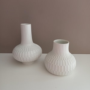 A Set of Two White Op Art Vases – Geometrical Pattern, Fürstenberg Whte Porcelain Vases, Midcentury Modern Retro 1970s Ceramic Vases