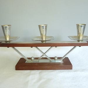 Vintage Mid-Century Teak & Silver Metal German Candle Holder,  Three Candles Holder