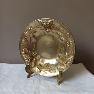 Vintage Solid Brass Bowl/ Dish, Harvest Design, Decorative Brass Plate, Trinket Tray