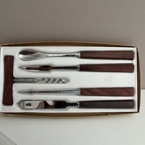 Conjunto de utensílios de bar de 5 peças, estilo moderno de meados do século, anos 70, conjunto de coquetel vintage de jacarandá em aço inoxidável
