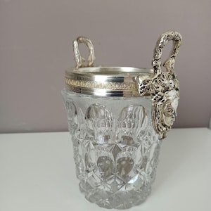 Mid Century Crystal Ice Bucket/ Cooler, Silverplated  Neoclassic Style Top with Handles and  Ice Tong,  1960s Barware