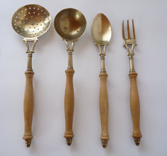 Brass Kitchen Utensils Solid Brass Utensils With Wooden Etsy