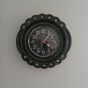 Vintage Ceramic "Dugena Electric" Wall Clock, Kitchen Clock, Vintage German Wall Clock, Dark Green Wall Clock