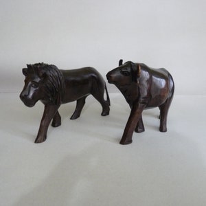 Two Hand Carved  Wooden Figures, Solid Wood Lion and Water Buffalo Sculptures, Standing Carved Work,  Wooden Figures