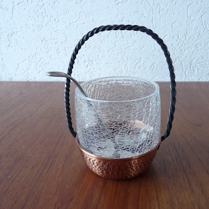 Mid Century Craquele Ice Cube Bucket in Copper Carrier with Iron Metal Handle,  1960s Barware