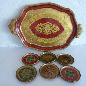 Italian Mid-Century Florentine Hand Painted Burgundy and Gold Gilt  Oval Serving Tray with 6 Coasters.