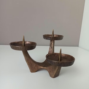 Brutalist Bronze Three Flame Mid Century Candle Holder, 1960s  Germany Bronze Candelabra