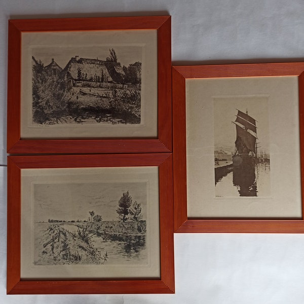 A Set of Three Original  Etching/Radierung Paintings from Carl Theodor Meyer-Basel and Hans Meyer- Cassel, Framed Wall Art, Signed