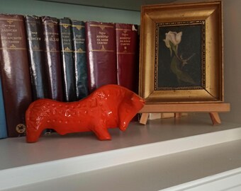 Orange Ceramic Bull Figurine, Small German Fat Lava Pottery Bull Figurine
