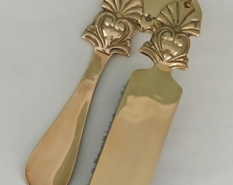Vintage Solid Brass Set of Shoehorn, Brush and Hanger, Ornate Handles Set