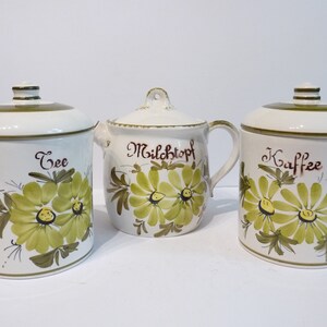 Vintage Set of Coffee/Tea Canisters and Milk Jug, Set Germany Ceramic Kitchen, Vintage Flower Design  Canisters and Milk Jug