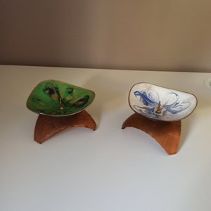 YOUR CHOICE, TwoVintage Small Enamel Copper Candel Holder, Enamel Candlestick Holder in Green and White/Blue Vintage MCM Candle Holder