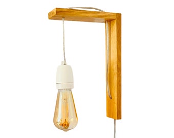 Otto Plug In Wall Sconce | Wooden OAK Wall Hook | On/Off Switch | Hanging Light | Bedside Lamp | Exposed Bulb | Loft