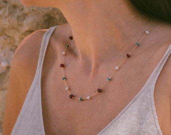 Gold Filled Garnet and Pearl Necklace, Turquoise Beaded Gemstone Jewelry for Women, Boho Chic Layering Necklace, Delicate Rustic Jewelry.