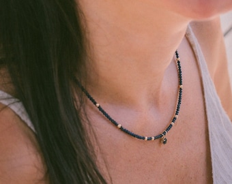 Natural Blue Sapphire Necklace | 14K Gold Beaded Choker | Genuine Sapphire Pendant | Deep Blue Gemstone Jewelry | September Birthstone Gift