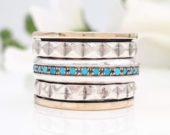 14K Solid Gold & Turquoise Spinner Ring | Wide 925 Silver Meditation Ring | Boho Statement Jewelry | Two Tone Band | Gift for Her.