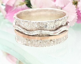 14K Solid Gold & Silver Spinner Rings For Women, Unique Spinner Ring, Wide Band Ring, Worry Ring, Meditation Ring, Mood Rings, Boho Ring