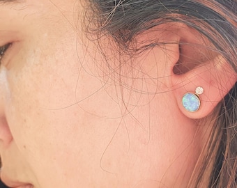 Blue Opal Stud Earrings | 14K Solid Gold Round Studs | October Birthstone Jewelry | Minimalist Gemstone Earrings | Dainty Gift for Women