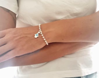 925 silver ball bracelet with evil eye hamsa pendant, pure silver hamsa pendant, blue opal, Fatima hamsa protection bracelet,  gift for her