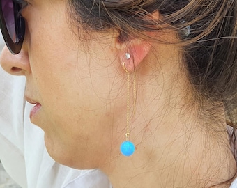 Natural Opal Earrings For Women, Blue Opal Drop Earrings, 14K Long Chain Earrings, Dainty Opal Earrings, Dangly Earrings, October Birthstone