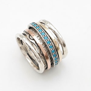 Silver Spinner Ring, Blue Turquoise Spinning Ring, Two Tone Wide Ring, 9k Gold And Silver Band, Meditation Ring, Casual Ring, Bohemian Style image 2