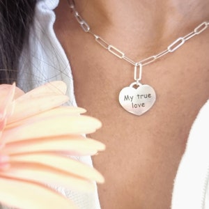 Personalized Women  necklace, Sterling Silver Paperclip Chain Necklace, Heart Shape Pendant.