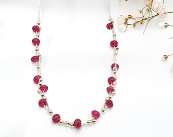 Collar de cuentas de piedras preciosas de granate, collar de granate plateado, collar de granate delicado, collar de cuentas de granate de oro de 9 k, collar de piedra roja de regalo