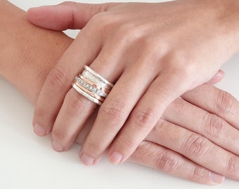Wide Spinner Ring, Spinner Wedding Ring, Zircon Rings For Women, 9K Solid Gold & Silver Ring, Wide Band Ring, Meditation Ring, Two Tone Ring