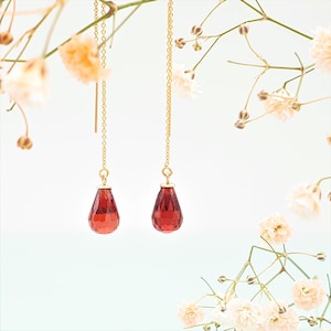 Garnet Drop Earrings, Garnet Gold Earrings, Long Teardrop Earrings, Red Gemstone Earrings, January Birthstone Earrings, Dangle Earrings.