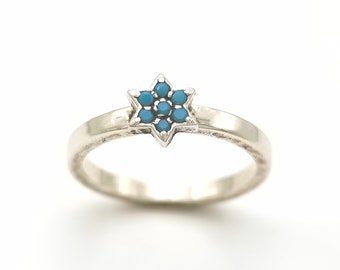 Silver Star Of David Ring, Turquoise Stones Ring, Jewish Ring, Delicate Jewish Star Ring, Small Magen David Ring, Judaica Jewelry, Amulet