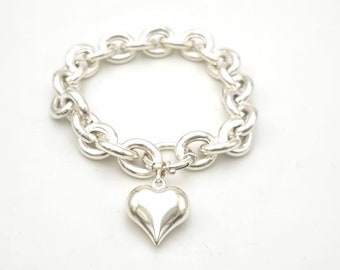 Silver Heart Bracelet, Heart Charm Bracelet, Silver Chain Bracelet, Chunky Heart Chain Bracelet, Love Bracelet, Romantic Gift For Woman