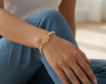 14K Goldfield Hamsa Bracelet | Sterling Silver Beaded Protection Amulet | Hand of Fatima Filigree Jewelry | Gift from the Holy Land for Her
