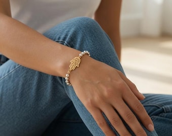 Hamsa Hand Bracelet | Sterling Silver Bead Chain with Gold Filigree Charm | Protection Bracelet for Women | Jewish Judaica Gift | Boho Chic