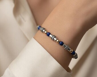 Lapis Lazuli Bracelet | Mixed Metal Beaded Jewelry | 14K Gold Filled & Sterling Silver Band | Blue Gemstone Bracelet | Two Tone Boho Gift
