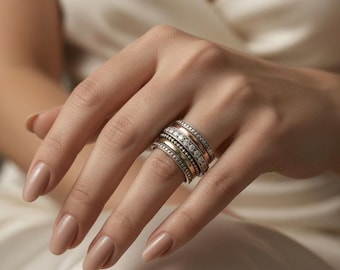 Art Deco Spinner Ring | 9K Tri-Color Gold & Silver Band | Rose Gold Zircon Wide Wedding Ring | Mixed Metal Boho Jewelry | Gift for Women