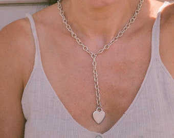 925 Sterling Silver Heart Necklace, Chunky Link Chain with Heart Charm, Silver Drop Pendant, Minimalist Statement Jewelry, Romantic Gift .