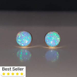 14K Gold Blue Opal Earrings, Row Opal Stud Earrings, Round Stud Earrings, Gemstone Earrings, Special Gold Earrings, Unique Gold Earrings