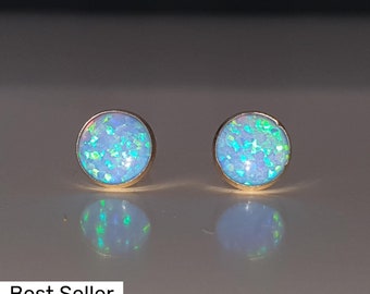 14K Gold Blue Opal Earrings, Row Opal Stud Earrings, Round Stud Earrings, Gemstone Earrings, Special Gold Earrings, Unique Gold Earrings