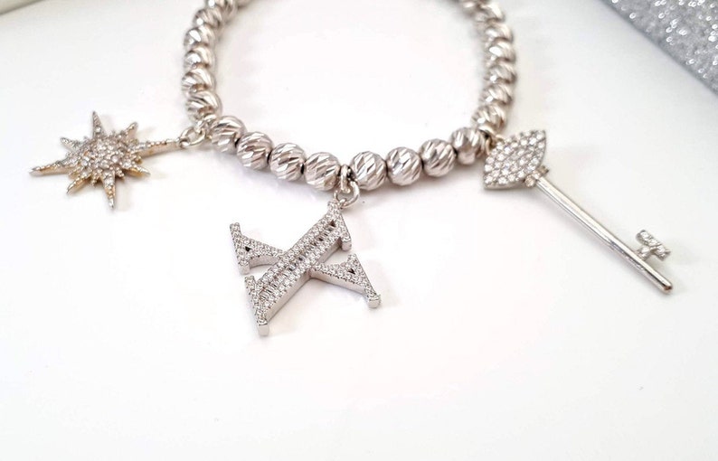 Chunky Charms Bracelet Initial Silver Bracelet Silver Charm Bracelet Sterling Silver Bead Bracelet Cubic Zirconia Bracelet for Women