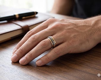 Mens Shema Israel Ring | 14K Gold & Silver Spinner Band | Hebrew Engraved Biblical Ring | Scripture Faith Jewelry | Holy Land Gift for Him