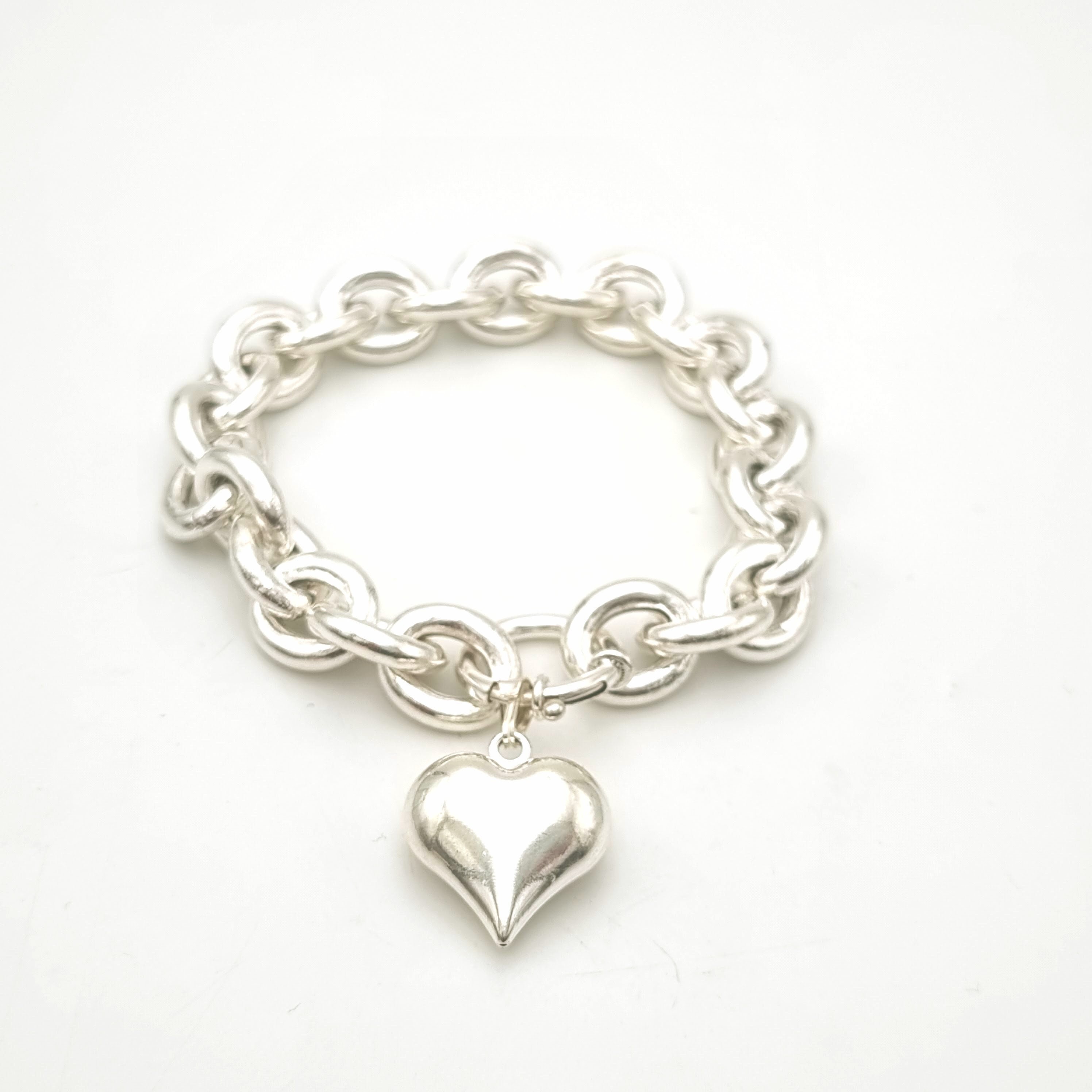 Silver Heart Bracelet, Heart Charm, Silver Chain, Chunky Heart Chain ...