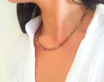 Natural Multi Tourmaline Necklace | 14K Gold Filled Beaded Choker | Colorful Gemstone Jewelry | Ombre Pink Green Necklace | Gift for Her