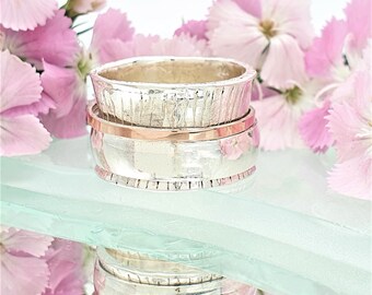 Rose Gold & Silver Spinner Ring | Wide Hammered Meditation Ring | Chunky Mixed Metal Spinning Band | Boho Wedding Ring | Statement Jewelry.